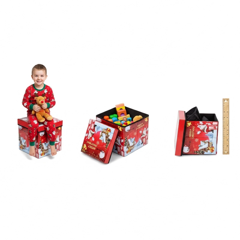 PUFF NAVIDEÑO PLEGABLE 30X30X30CM BAUL ORGANIZADOR ASIENTO - 4