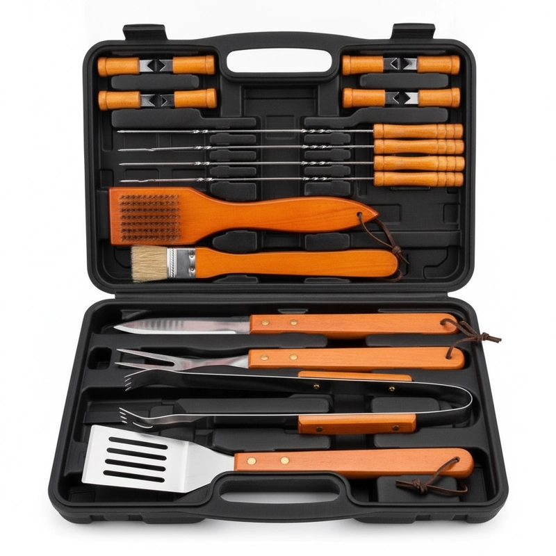 SET ASADO 18 PIEZAS MALETA PARRILLERO ACERO INOX MADERA - 1