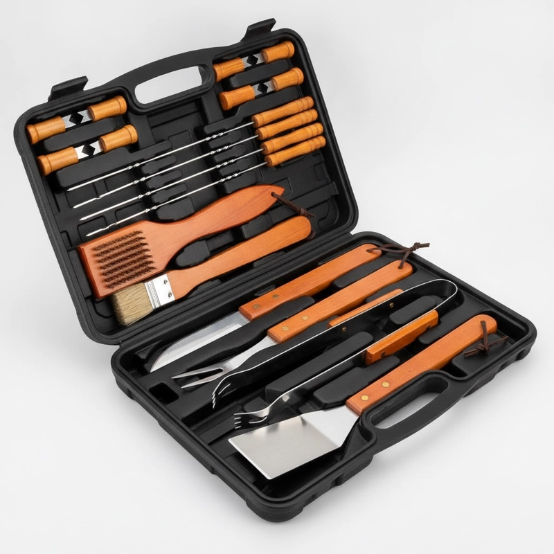 SET ASADO 18 PIEZAS MALETA PARRILLERO ACERO INOX MADERA - 2