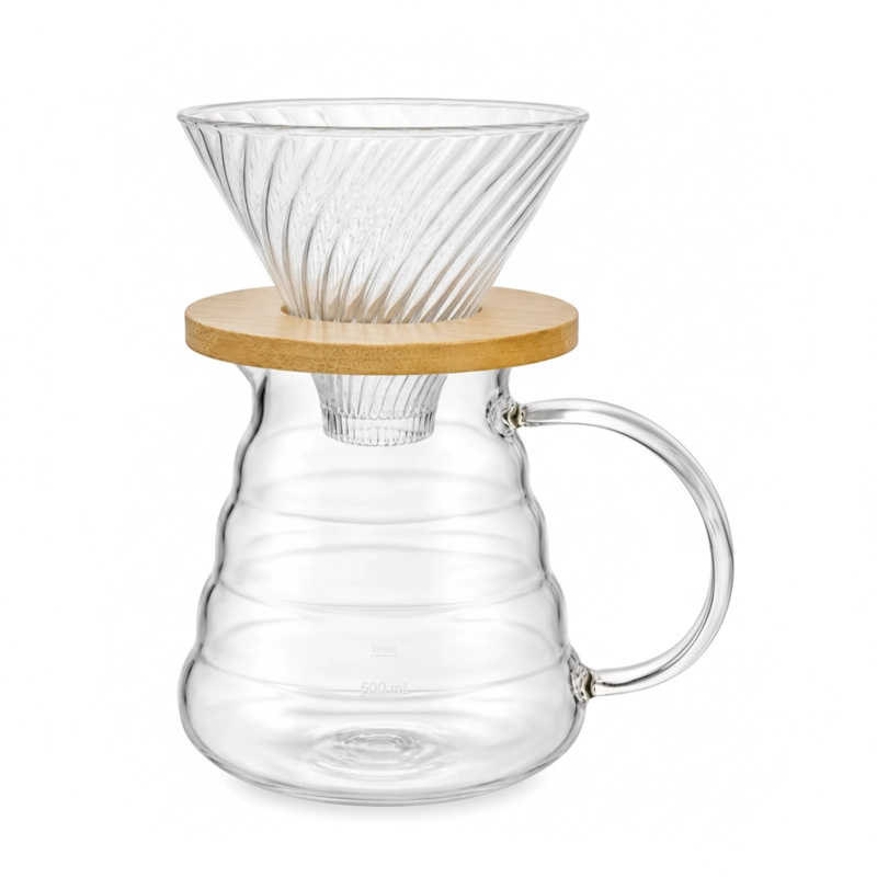 CAFETERA V60 DRIPPER VIDRIO 600ML BASE BAMBU JARRA CAFE - 1