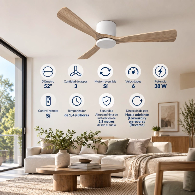 VENTILADOR DE TECHO SUMO VT50 BLANCO 52' 3 ASPAS DE MADERA NATURAL - 2