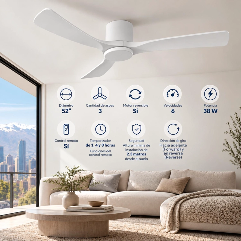 VENTILADOR DE TECHO SUMO VT50 BLANCO 52' 3 ASPAS DE MADERA BLANCO - 2