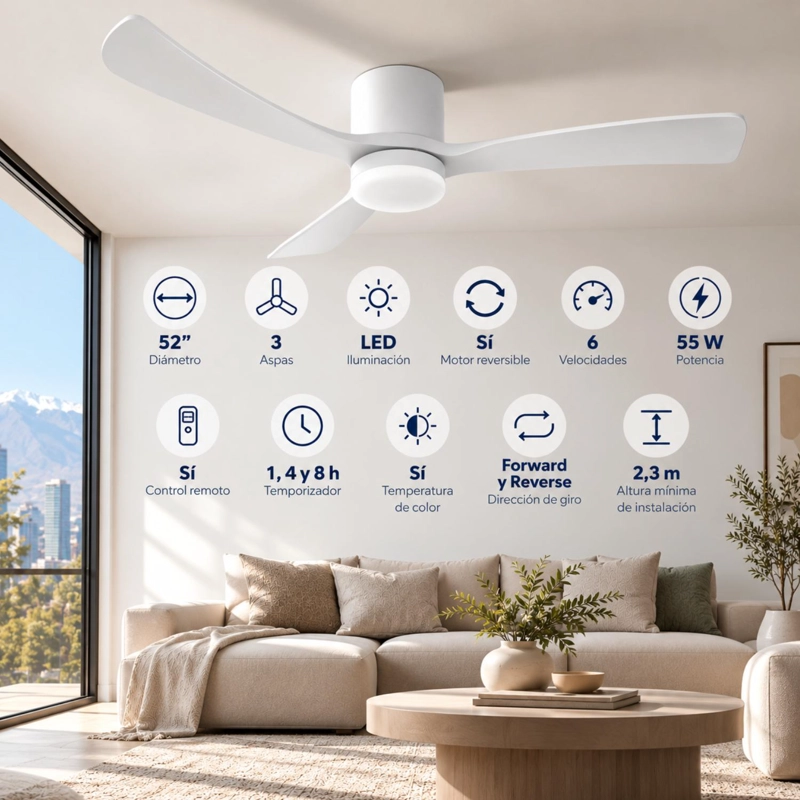VENTILADOR DE TECHO SUMO VT60 BLANCO LED 52' 3 ASPAS DE MADERA BLANCO - 2