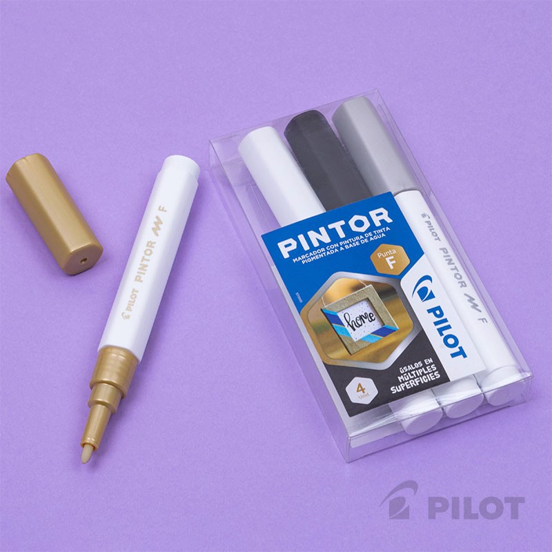SET PINTOR PILOT BLANCO NEGRO DORADO PLATEADO PUNTA FINA - 4