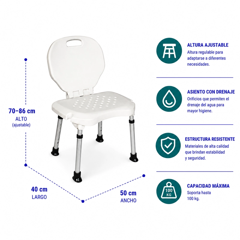 SILLA DE BAÑO DUCHA PLEGABLE CON DRENAJE AJUSTABLE PORTATIL - 2