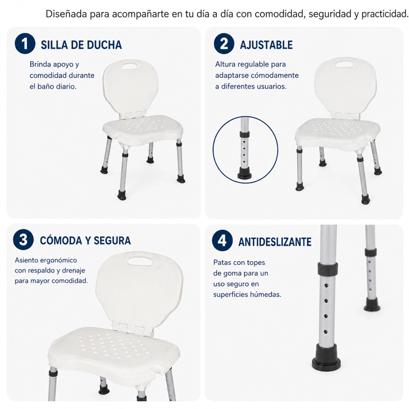 SILLA DE BAÑO DUCHA PLEGABLE CON DRENAJE AJUSTABLE PORTATIL - 3