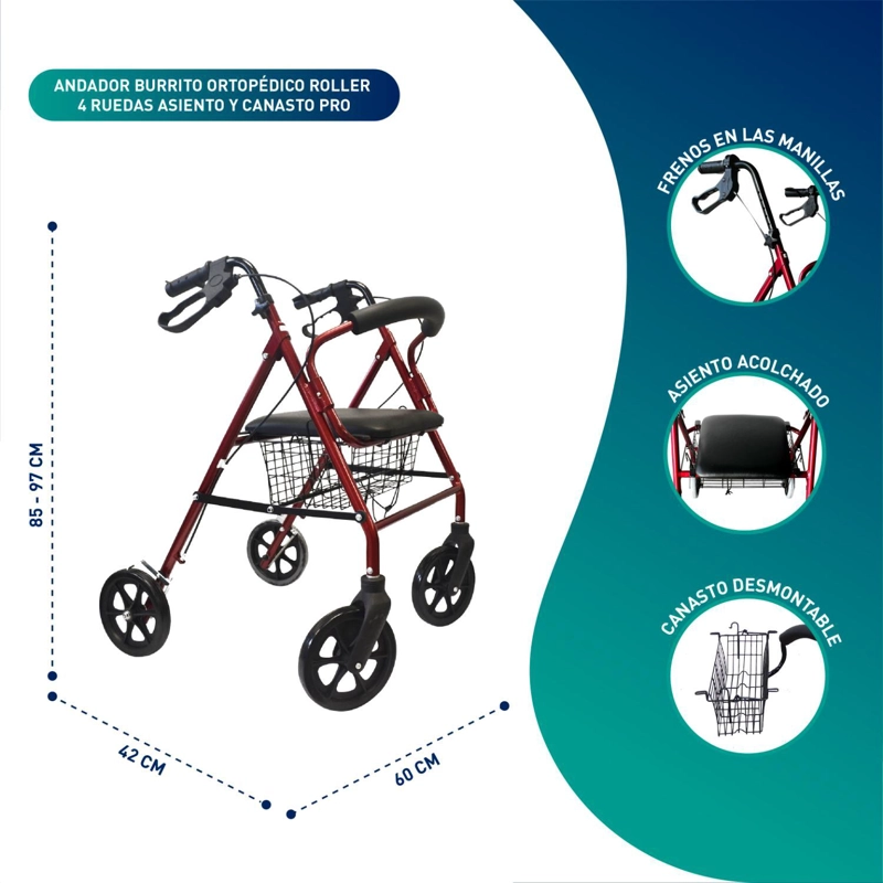 ANDADOR BURRO ORTOPE DICO 4 RUEDAS - ASIENTO Y CANASTO PRO - 2