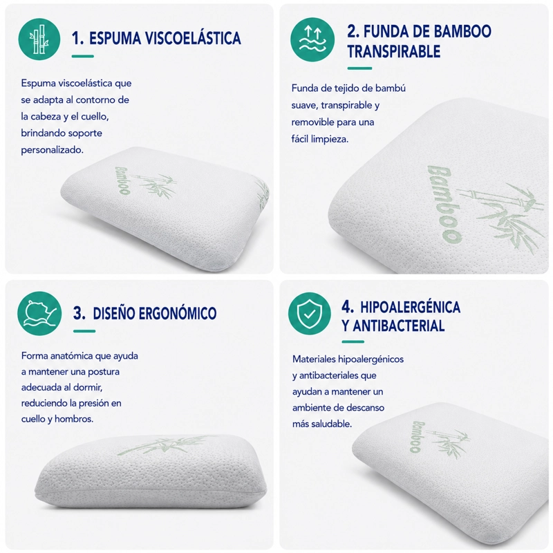 ALMOHADA MAXCARE AVN010 VISCOELASTICA CLASICA BAMBOO 60 X 40 X 12 CM BLANCO - 3