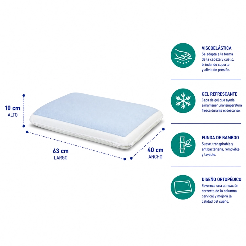 ALMOHADA MAXCARE AVG020 VISCOELASTICA GEL BAMBOO PRO 63 X 40 X 10 CM BLANCO - 2