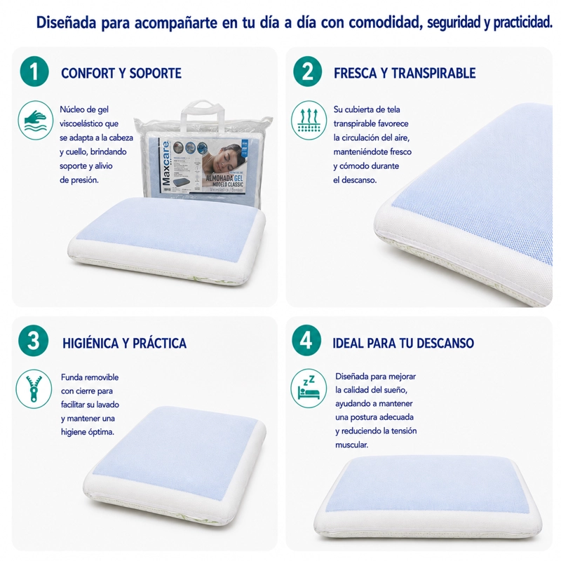 ALMOHADA MAXCARE AVG020 VISCOELASTICA GEL BAMBOO PRO 63 X 40 X 10 CM BLANCO - 3