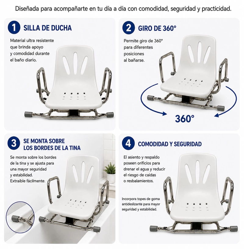 SILLA MAXCARE ASIENTO BAÑO GIRATORIA ACERO INOXIDABLE - 3