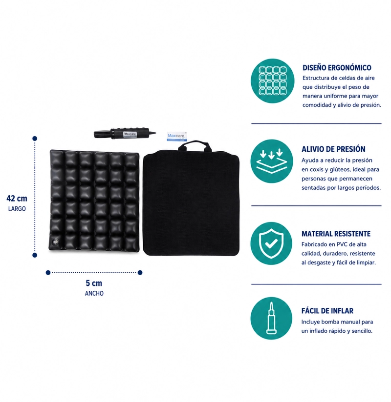 COJÍN MAXCARE CIM010 ANTIESCARAS FLOTACIÓN SECA INFLABLE 42 X 42 X 5 CM NEGRO - 3