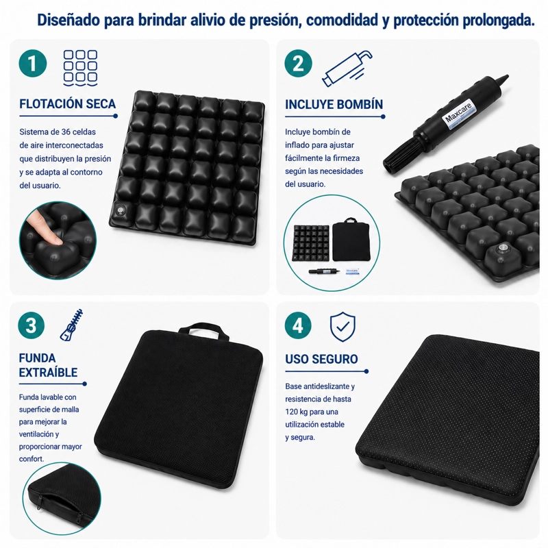 COJÍN MAXCARE CIM010 ANTIESCARAS FLOTACIÓN SECA INFLABLE 42 X 42 X 5 CM NEGRO - 4