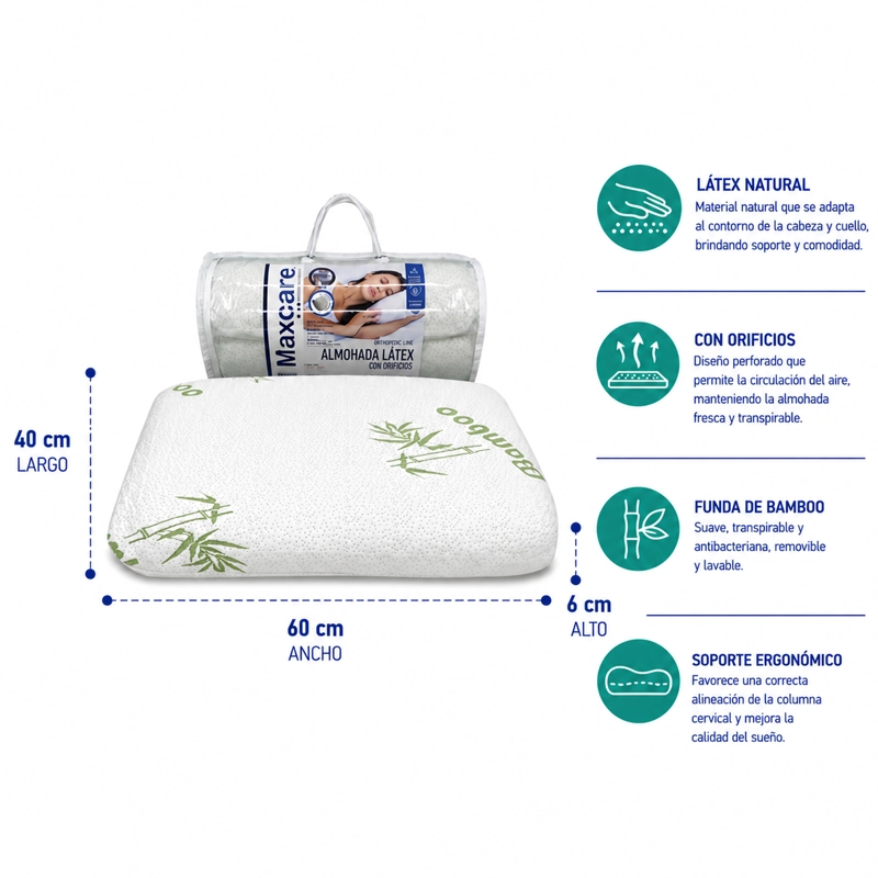 ALMOHADA MAXCARE ALO010 LÁTEX ORIFICIOS BAMBOO 60 X 40 X 12 CM BLANCO - 2