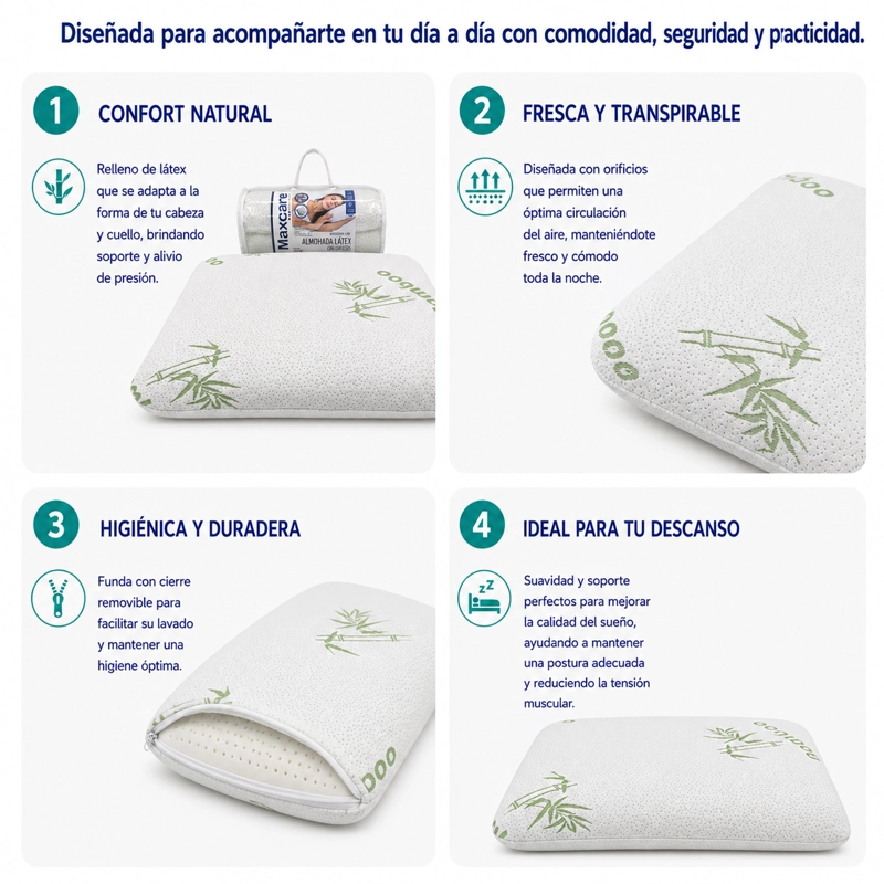 ALMOHADA MAXCARE ALO010 LÁTEX ORIFICIOS BAMBOO 60 X 40 X 12 CM BLANCO - 3