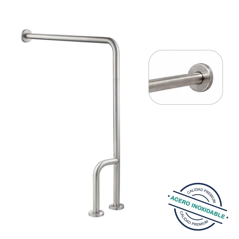 BARRA SEGURIDAD BAÑO MURO-PISO 3 APOYOS DERECHA ACERO INOX - 1