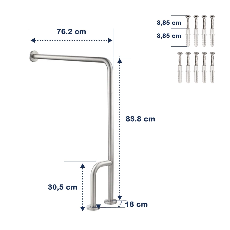 BARRA SEGURIDAD BAÑO MURO-PISO 3 APOYOS DERECHA ACERO INOX - 2