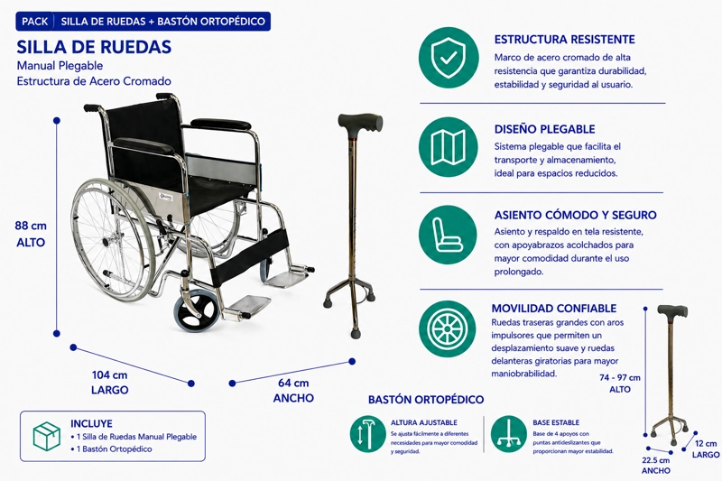 PACK SILLA DE RUEDA ESTANDAR ECO + BASTON ORTOPE DICO 3 PATAS - 2