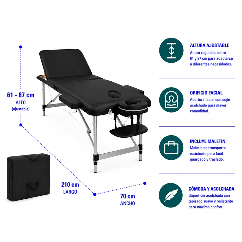 CAMILLA DE MASAJES GLOMED CTM020 PLEGABLE 3 CUERPOS DELUXE NEGRA RUEDAS - 2
