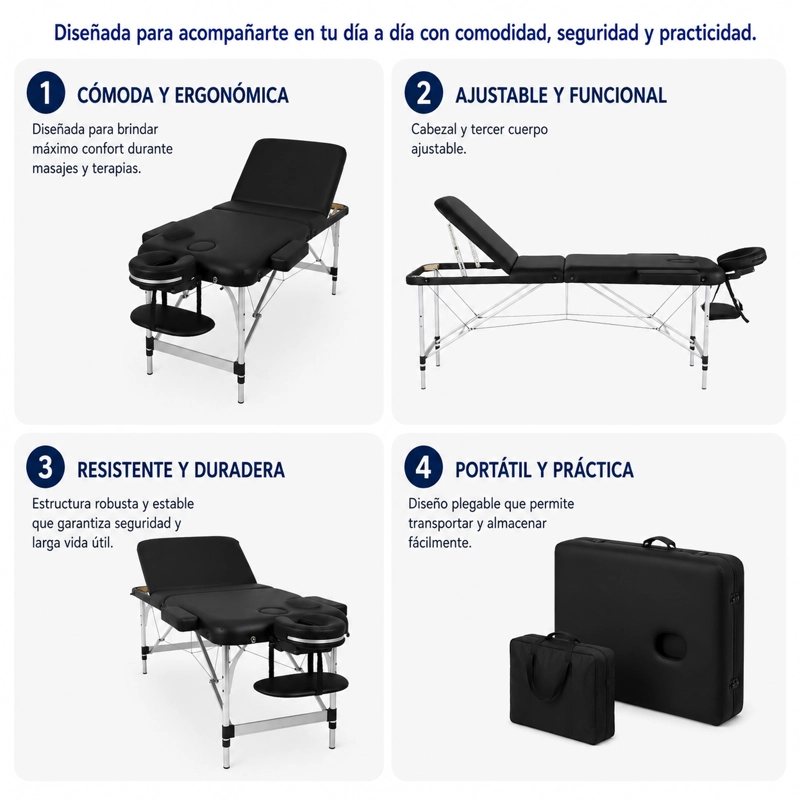 CAMILLA DE MASAJES GLOMED CTM020 PLEGABLE 3 CUERPOS DELUXE NEGRA RUEDAS - 3