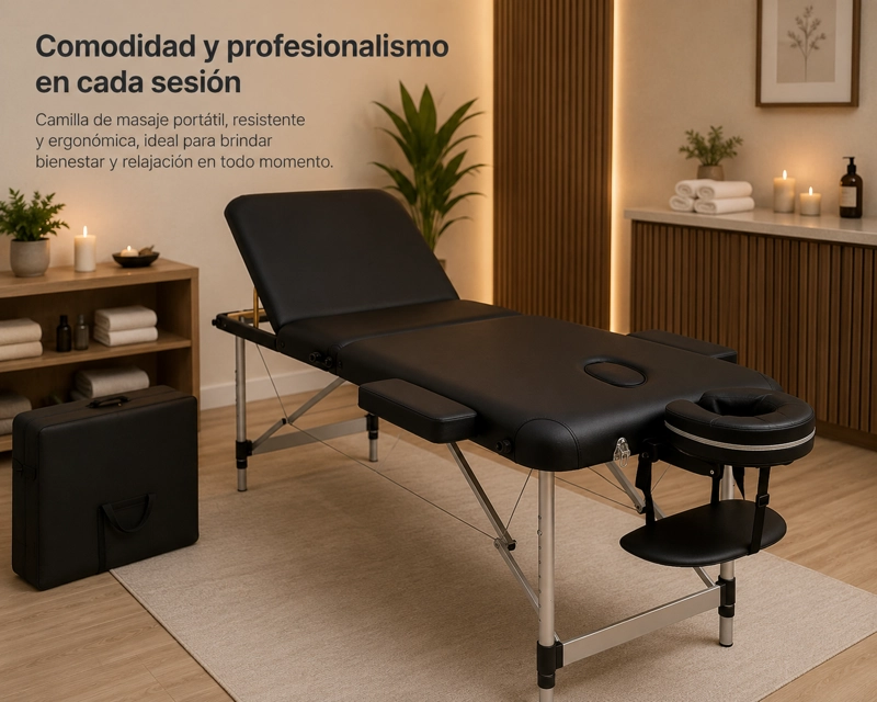 CAMILLA DE MASAJES GLOMED CTM020 PLEGABLE 3 CUERPOS DELUXE NEGRA RUEDAS - 4