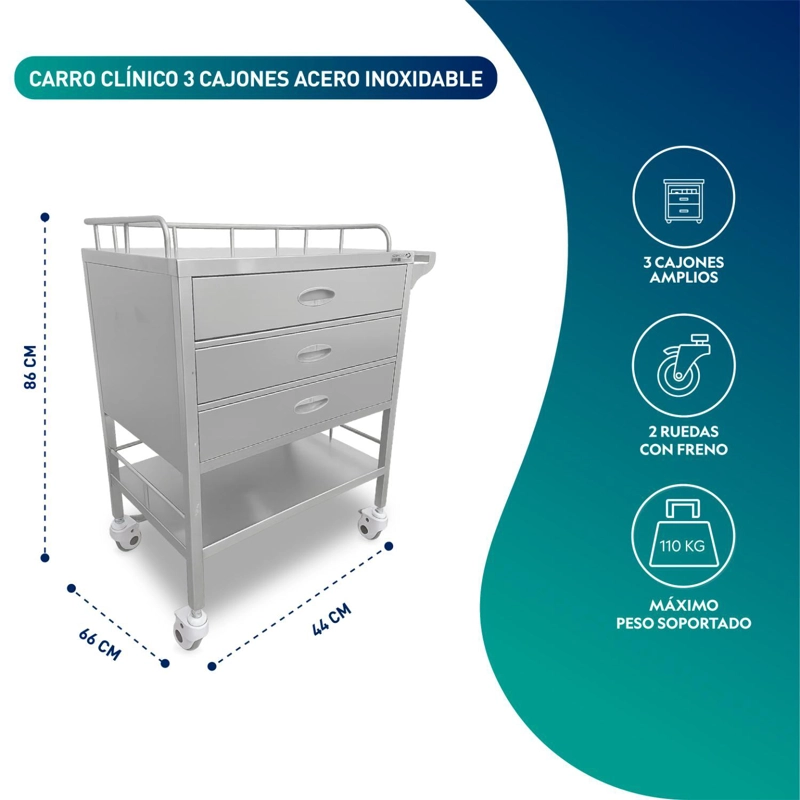 CARRO CLINICO 3 CAJONES ACERO INOXIDABLE - 3