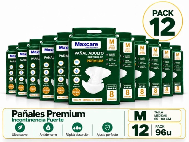 PACK 12 PAÑAL ADULTO MAXCARE PREMIUM TALLA M - 96 UNIDADES × - 2