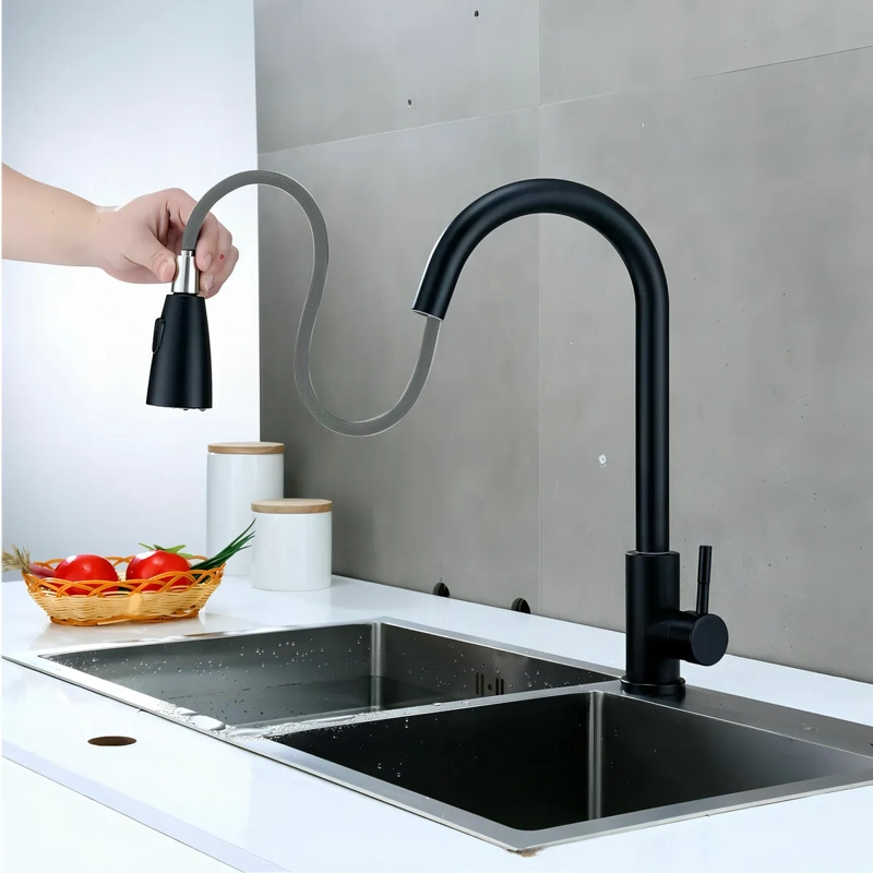LLAVE MONOMANDO LAVAPLATOS RETRACTIL Y FLEXIBLE ACERO NEGRO - 2