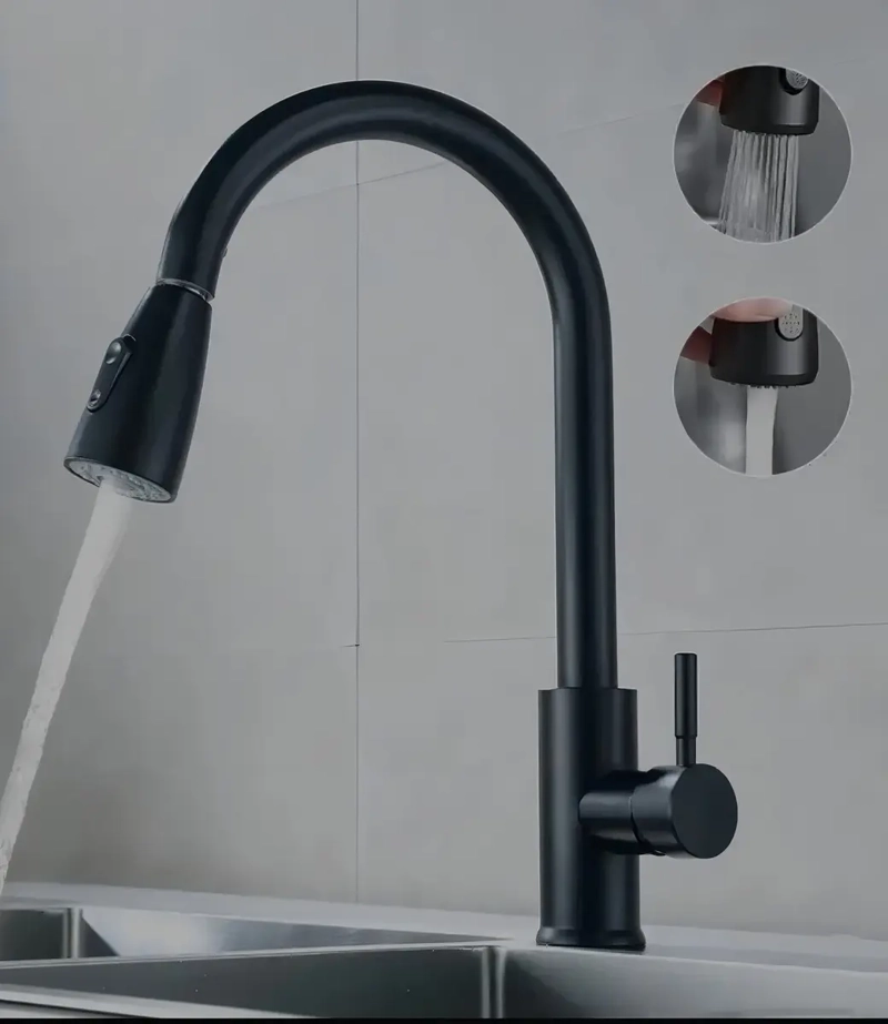 LLAVE MONOMANDO LAVAPLATOS RETRACTIL Y FLEXIBLE ACERO NEGRO - 4