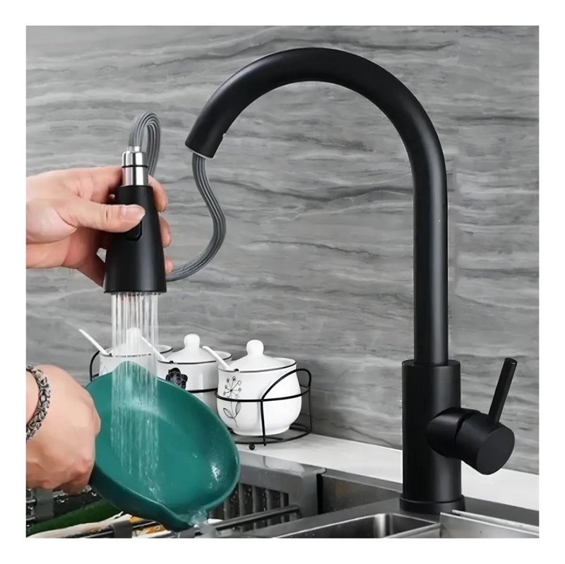 LLAVE MONOMANDO LAVAPLATOS RETRACTIL Y FLEXIBLE ACERO NEGRO - 5