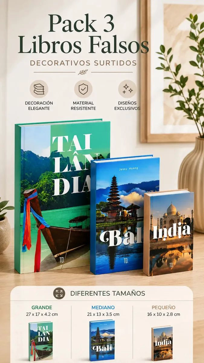 PACK 3 LIBROS FALSOS CON ALMACENAMIENTO DECORATIVOS DISEÑOS SURTIDOS DIFERENTES TAMAÑOS PARA DECORAC - 2