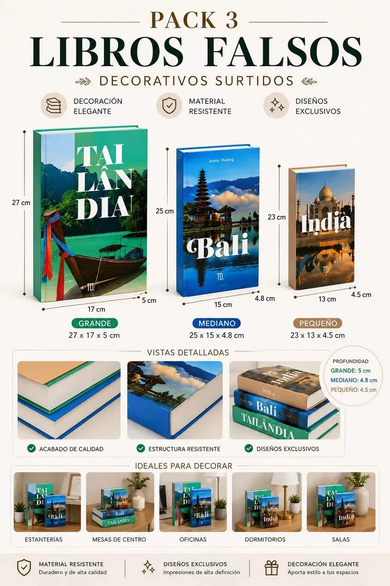PACK 3 LIBROS FALSOS CON ALMACENAMIENTO DECORATIVOS DISEÑOS SURTIDOS DIFERENTES TAMAÑOS PARA DECORAC - 4