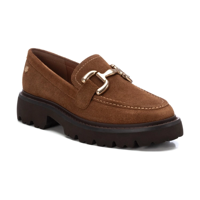 MOCASINES MUJER CUERO CON HEBILLA DORADA BEIGE CARMELA - 1