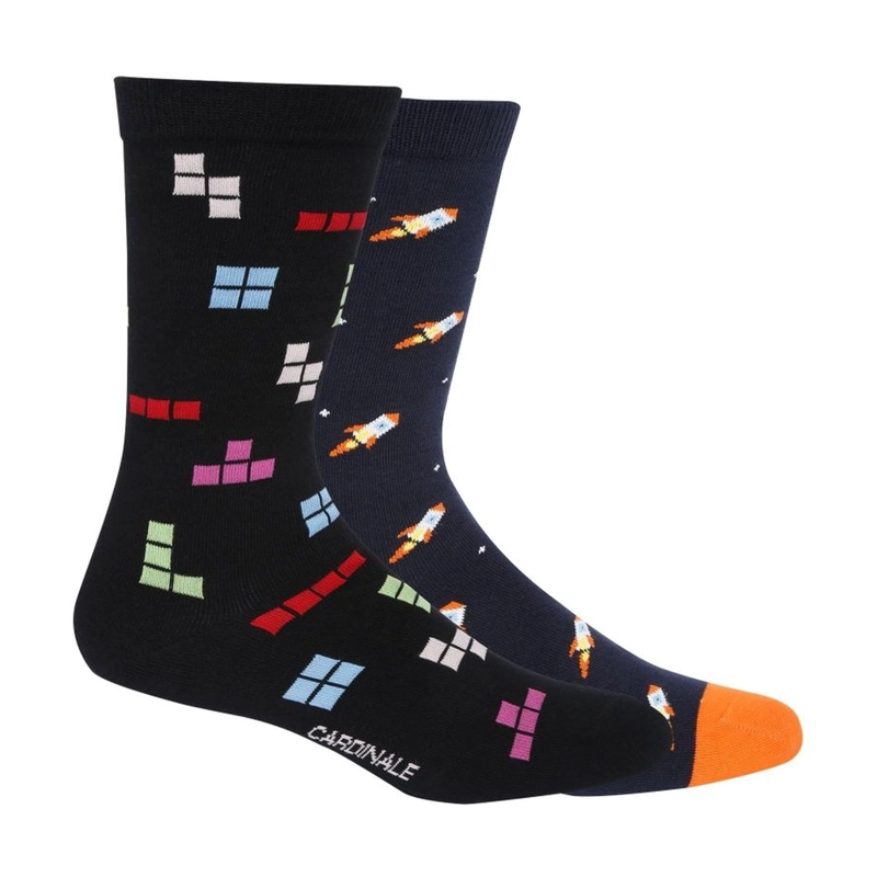 PACK 2 PARES CALCETINES ALGODON HOMBRE DISEÑO BLOQUES Y COHETES NEGRO Y AZUL MARINO CARDINALE - 1