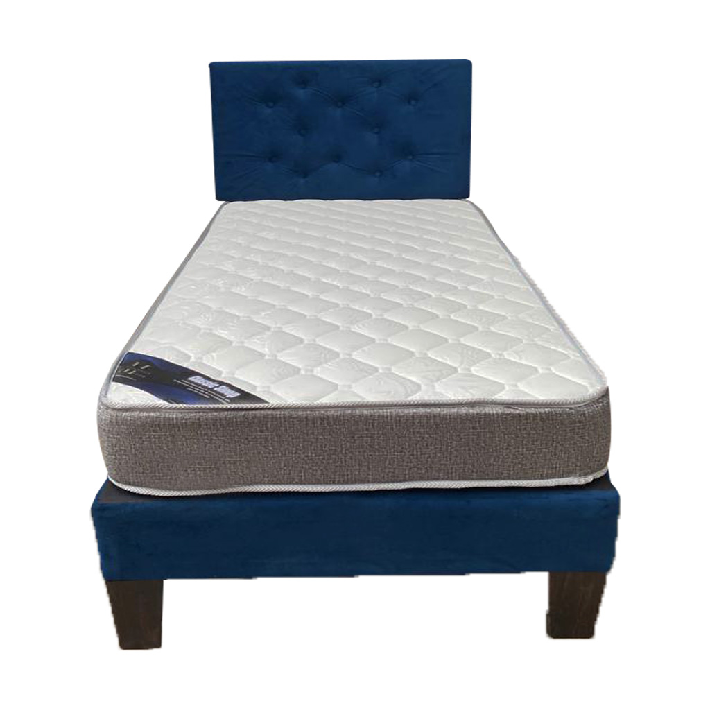 CAMA HVM AMERICANA 1.5P + COLCHON DE RESORTES + RESPALDO AZUL MARINO FELPA PMADERA - 1