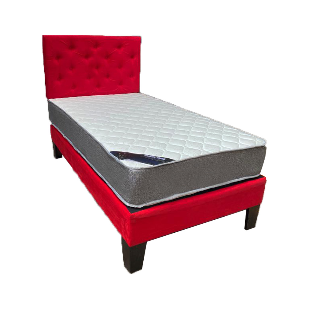 CAMA HVM AMERICANA 1.5P + COLCHON DE RESORTES + RESPALDO ROJO FELPA PMADERA - 1