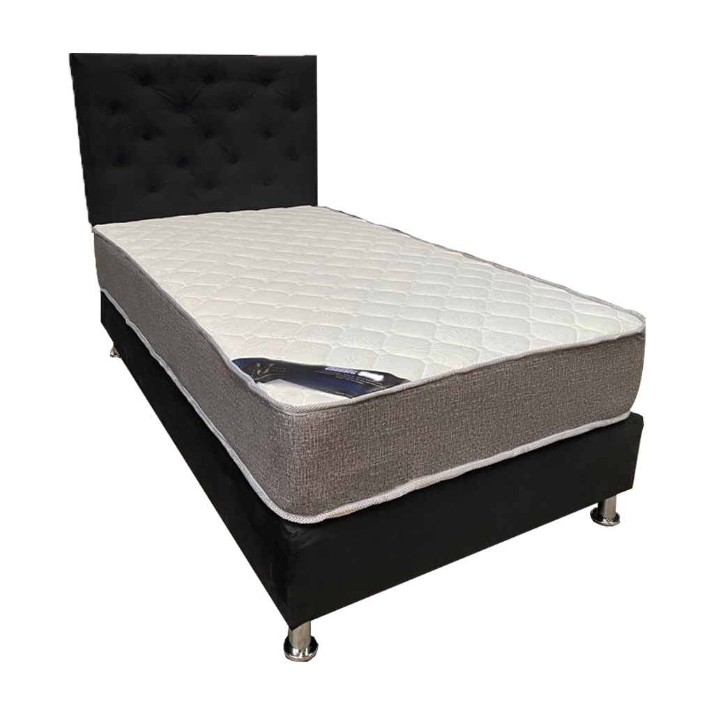 CAMA AMERICANA 1.5P + COLCHON DE RESORTES + RESPALDO NEGRO FELPA PMETAL - 1