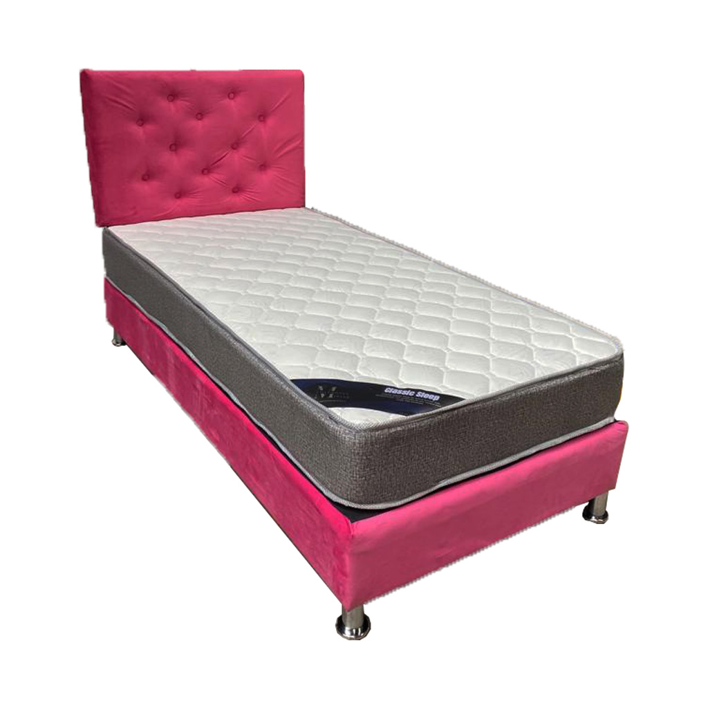 CAMA AMERICANA 1P + COLCHON DE RESORTES + RESPALDO FUCSIA TUBULAR FELPA PMADERA - 1