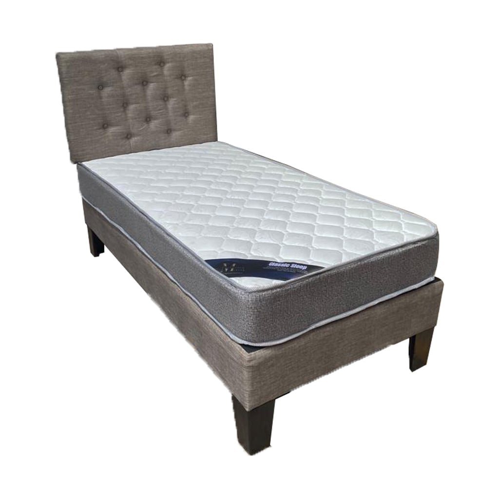 CAMA AMERICANA 1P + COLCHON DE RESORTES + RESPALDO GRIS LINO PMADERA - 1