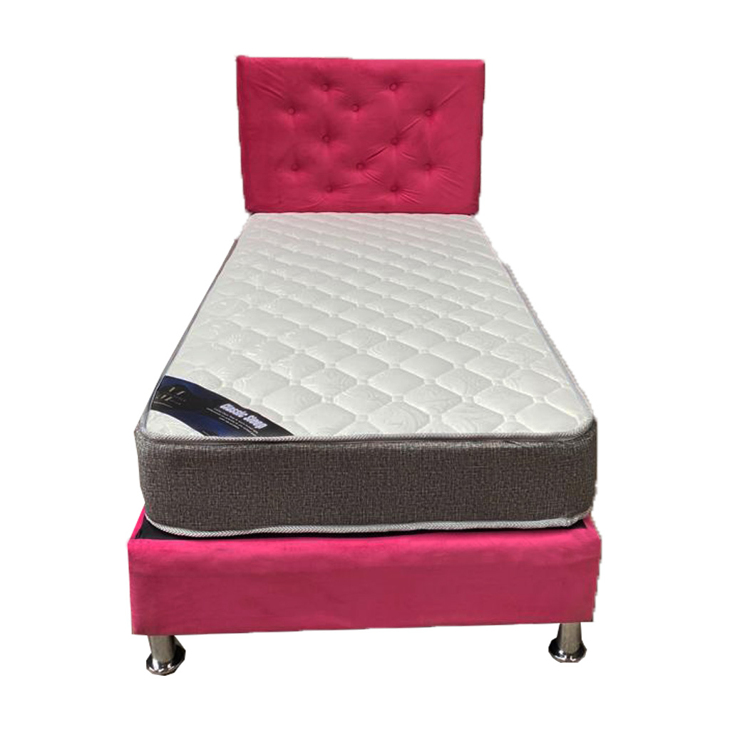 CAMA AMERICANA 1.5P + COLCHON DE RESORTES + RESPALDO ROSADO FELPA PMETAL - 1