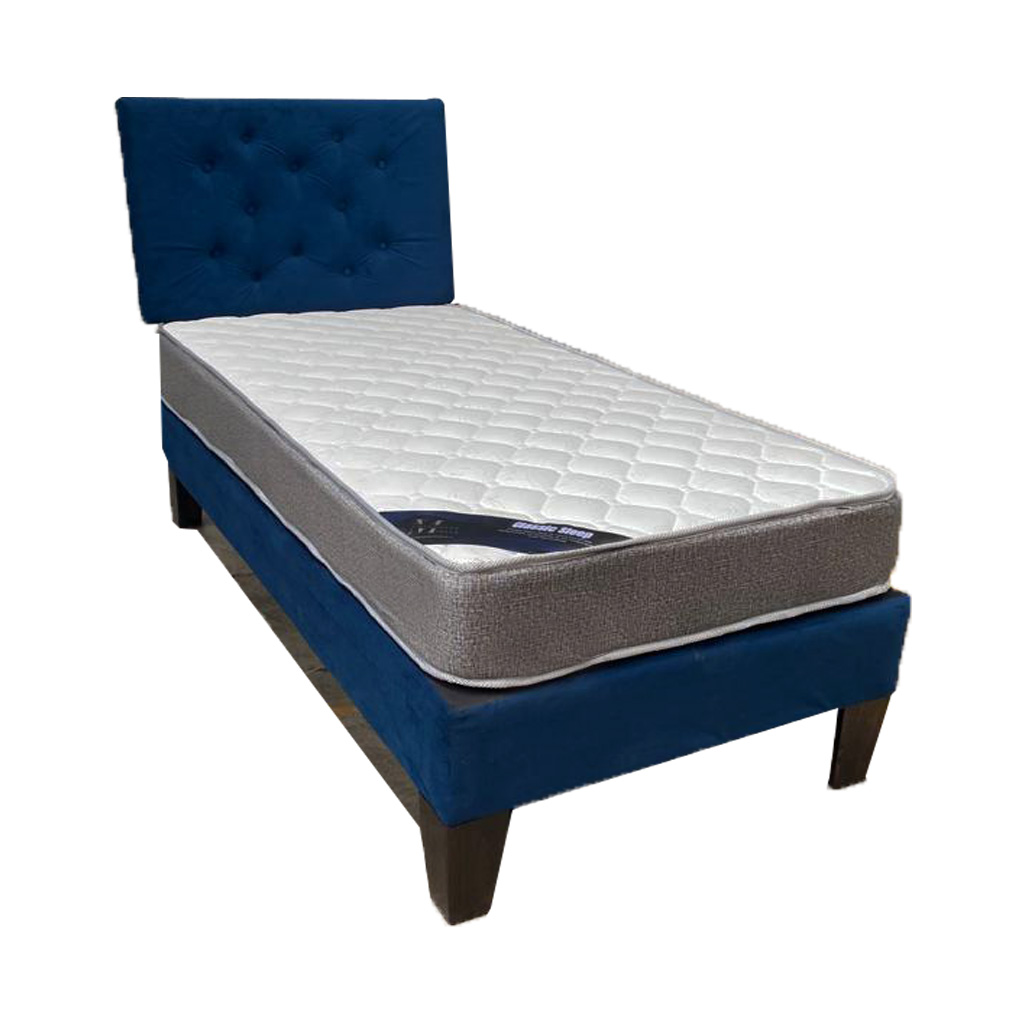 CAMA AMERICANA 1P + COLCHON DE RESORTES + RESPALDO AZUL MARINO FELPA PMADERA - 1