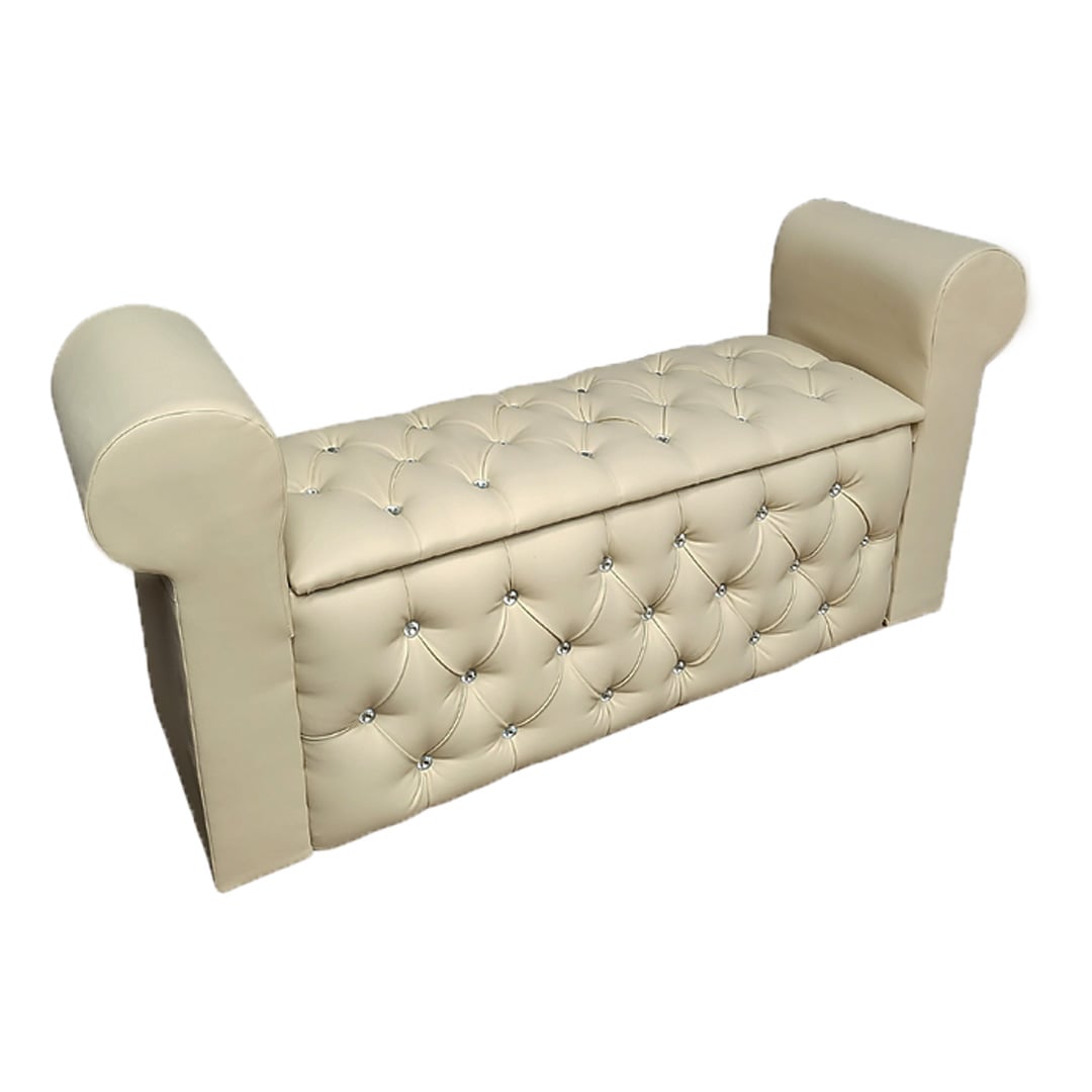 BANQUETA BAUL CAPITONE BEIGE ECO CUERO B/DIAMANTE - 1