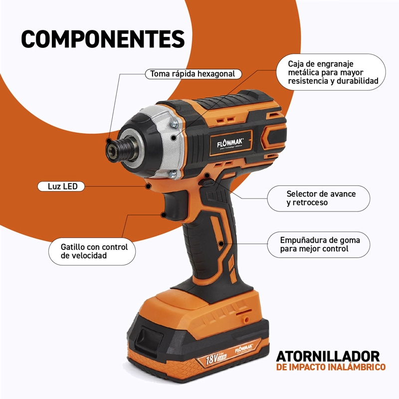 ATORNILLADOR FLOWMAK IMPACTO 1/4 18 V CON BATERÍA - 9