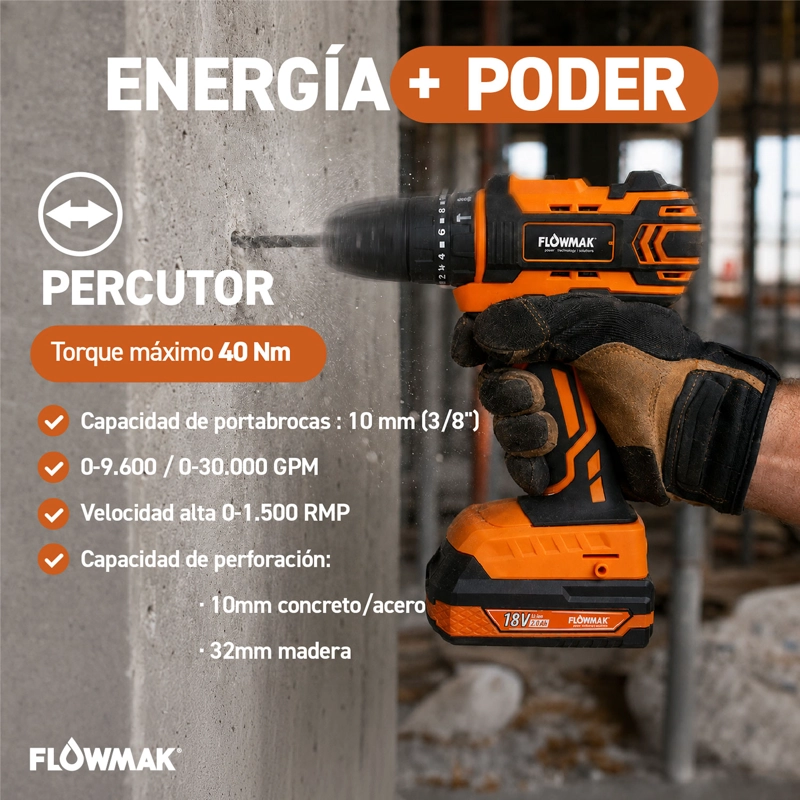 TALADRO PERCUTOR FLOWMAK ATORNILLADOR 10 MM 18 V + ACCESORIOS - 2