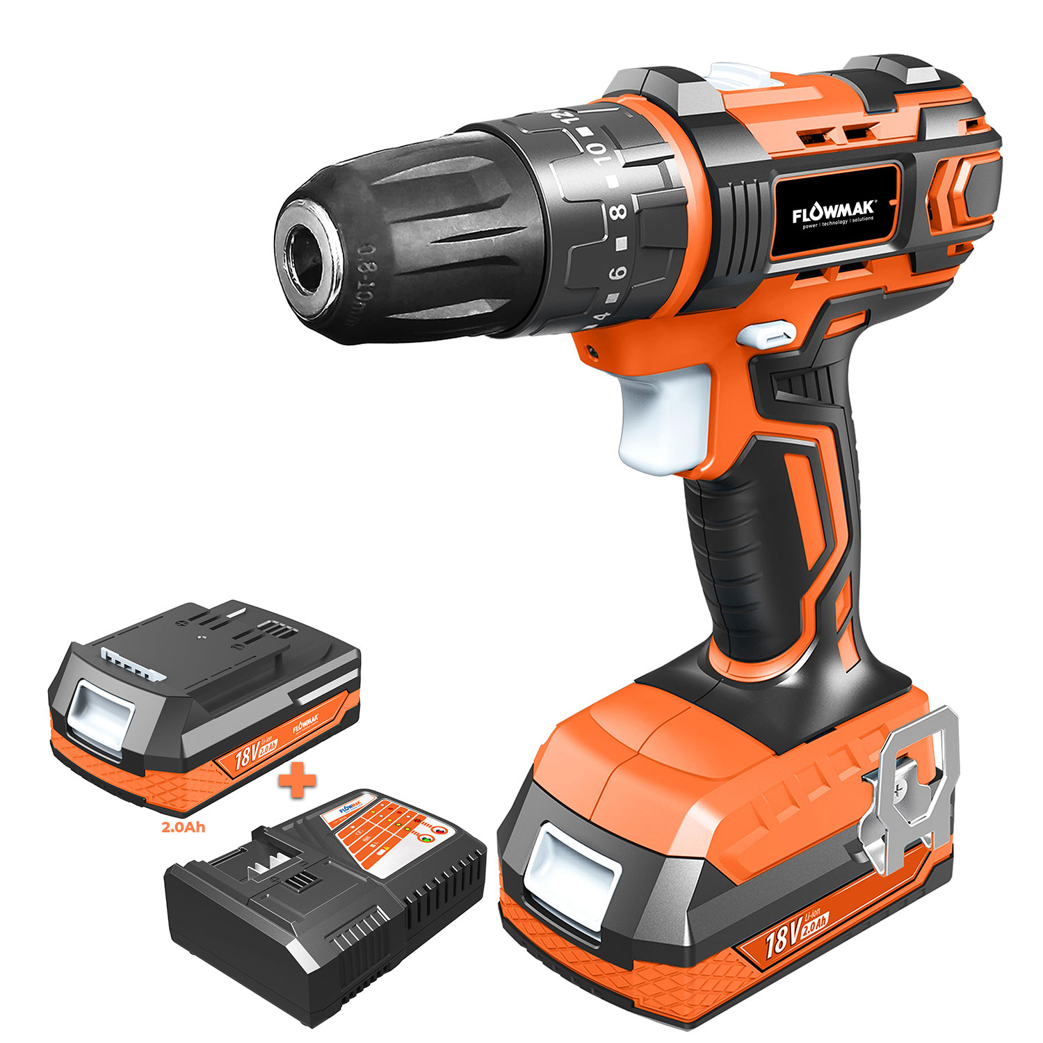 TALADRO PERCUTOR FLOWMAK ATORNILLADOR 10 MM 18 V + ACCESORIOS - 2