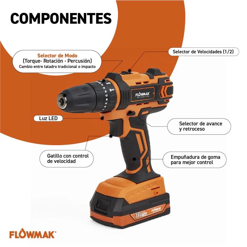 TALADRO PERCUTOR FLOWMAK ATORNILLADOR 10 MM 18 V + ACCESORIOS - 3