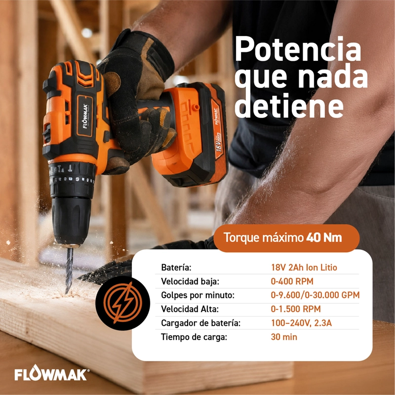 TALADRO PERCUTOR FLOWMAK ATORNILLADOR 10 MM 18 V + ACCESORIOS - 4