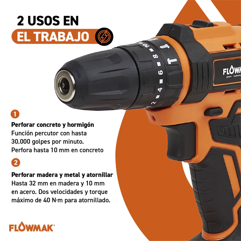 TALADRO PERCUTOR FLOWMAK ATORNILLADOR 10 MM 18 V + ACCESORIOS - 5