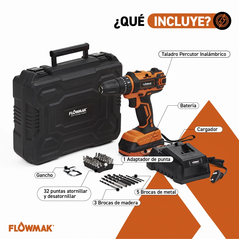 TALADRO PERCUTOR FLOWMAK ATORNILLADOR 10 MM 18 V + ACCESORIOS - 6