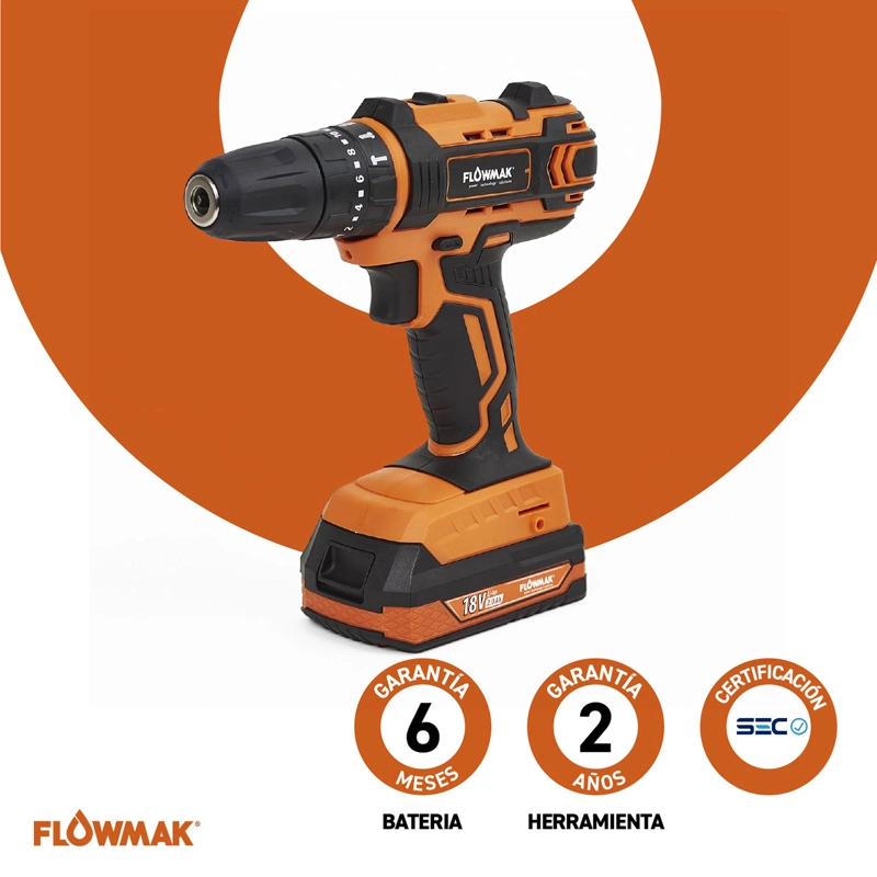 TALADRO PERCUTOR FLOWMAK ATORNILLADOR 10 MM 18 V + ACCESORIOS - 7